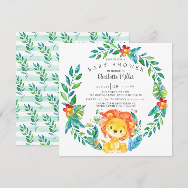 Cute Jungle Lion Baby Shower Invitation (Front/Back)