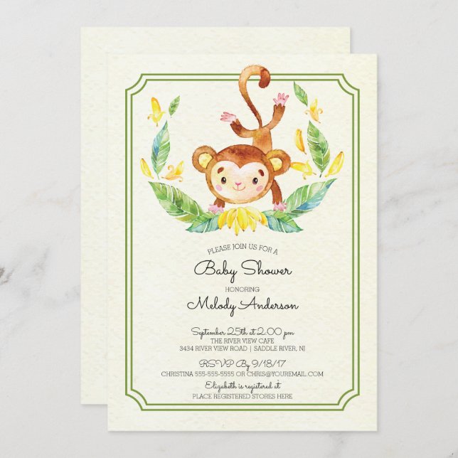Cute Jungle Monkey Neutral Baby Shower Invitation (Front/Back)