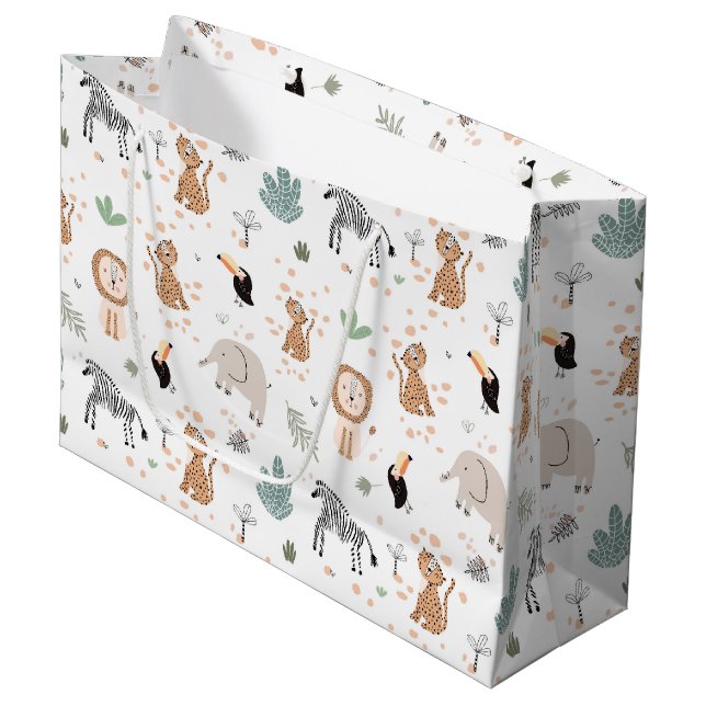 Cute Jungle Rainforest Animals Pattern Large Gift Bag (Front Angled)