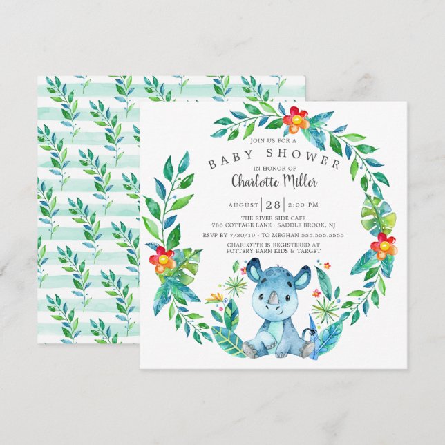 Cute Jungle Rhino Baby Shower Invitation (Front/Back)