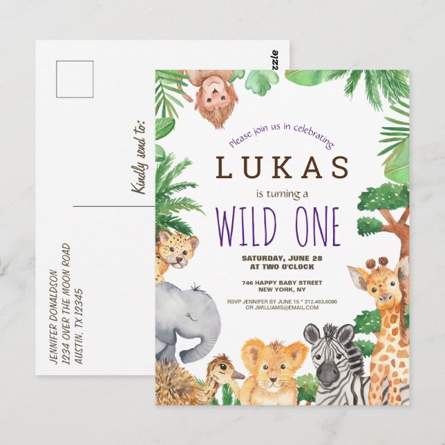 Cute Jungle Safari 1er Invitation anniversaire (Devant / Derrière)