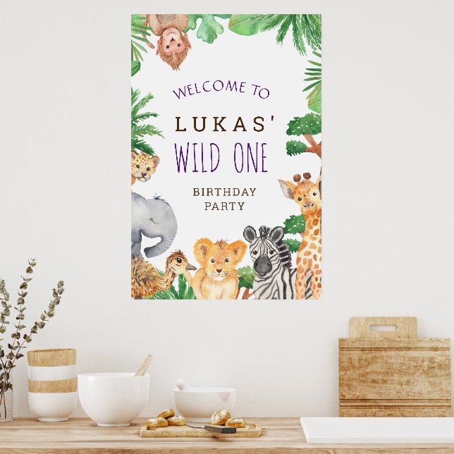 Cute Jungle Safari 1st Birthday Party Welcome Sign (Kitchen)