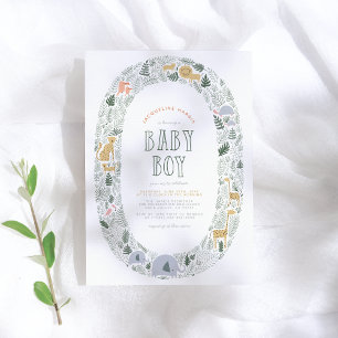 Cute Jungle Safari Animals Baby Boy Baby Shower Invitation