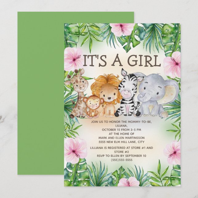Cute Jungle Safari Animals Baby Girl  Invitation (Front/Back)