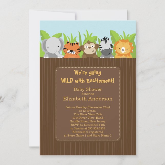 Cute Jungle Safari Animals Baby Shower Invitations (Front)