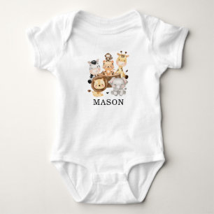 Cute Jungle Safari Animals Monogram Name Baby Bodysuit