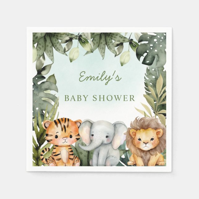 Cute Jungle Safari Animals Tropical Greenery Baby Napkin (Front)