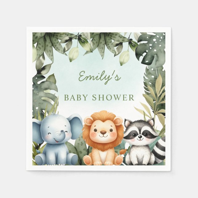 Cute Jungle Safari Animals Tropical Greenery Baby Napkin (Front)