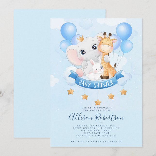 Cute Jungle Safari Animals Watercolor Baby Shower  Invitation (Front/Back)