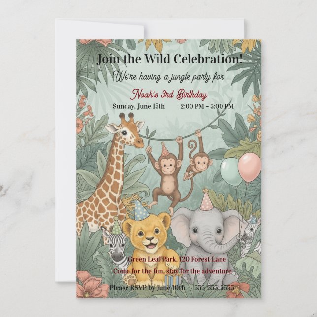 Cute Jungle Safari Animals Wild One 3rd Birthday  Invitation (Front)
