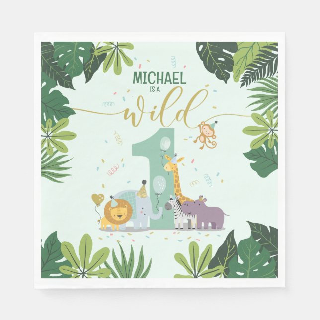Cute Jungle Safari Animals Wild One Birthday Paper Napkin (Front)