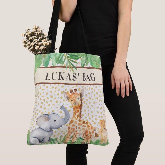 Cute Jungle Safari Baby Animals Personalized Large Tote Bag (Close Up)