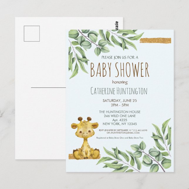 Cute Jungle Safari Giraffe Baby Shower Invitation Postcard (Front/Back)