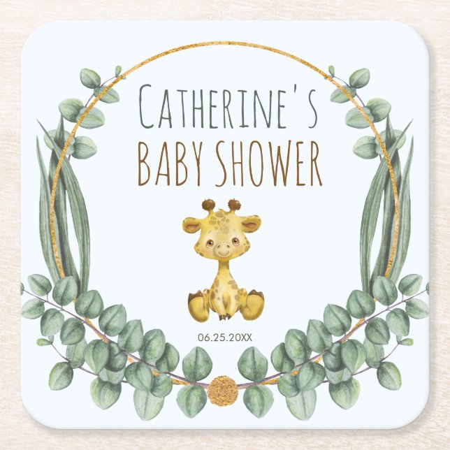 Cute Jungle Safari Giraffe Baby Shower Square Paper Coaster (Front)