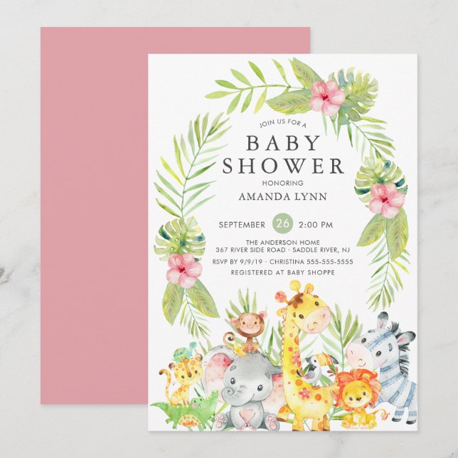 Cute Jungle Safari Girl Baby Shower Invitation (Front/Back)