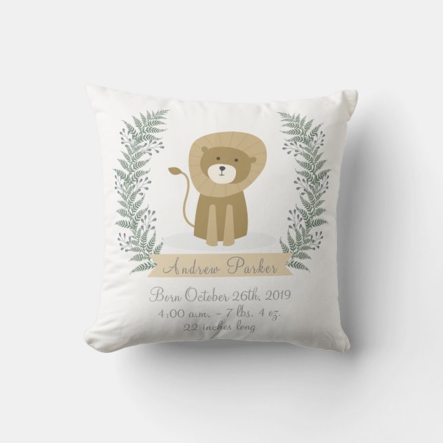 Cute Jungle Safari Lion Baby Boy Announcement Throw Pillow (Front)