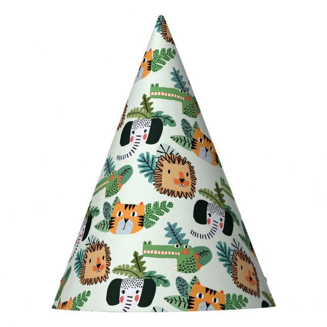 Cute Jungle Safari Lion Tiger Elephant Birthday Party Hat (Front)
