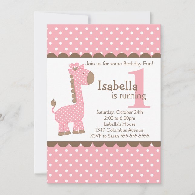 Cute Jungle Safari Pink Giraffe Birthday Party Invitation (Front)