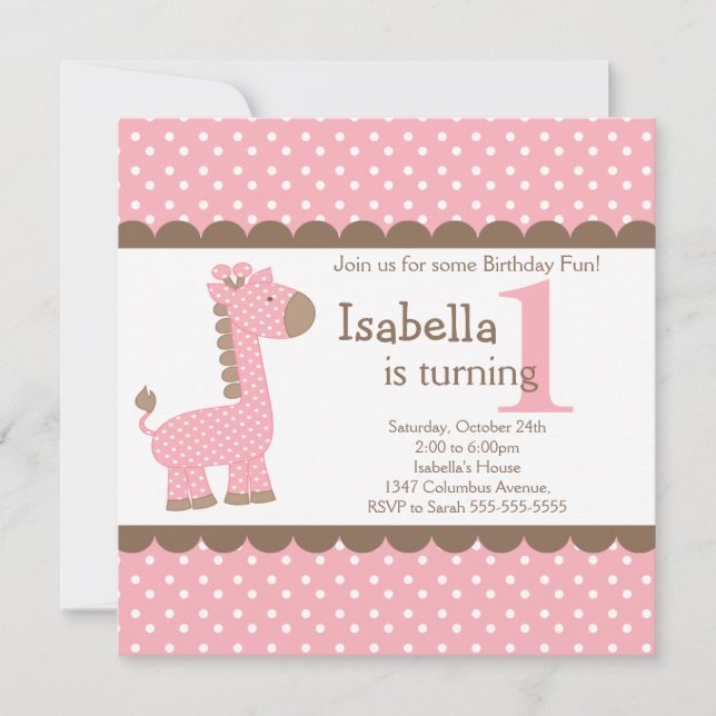 Cute Jungle Safari Pink Giraffe Birthday Party Invitation (Front)