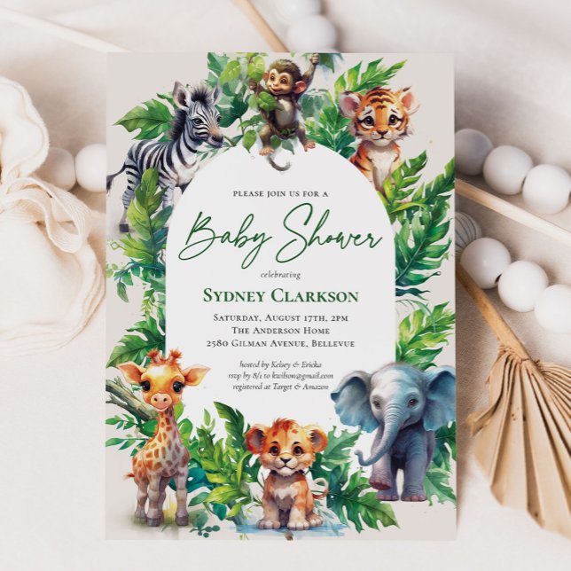 Cute Jungle Safari Tropical Animals Baby Shower Invitation (Creator Uploaded)