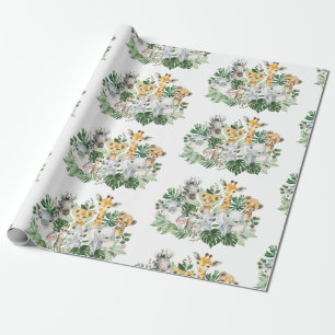 Cute Jungle Safari Wild Animals Tropical Greenery Wrapping Paper