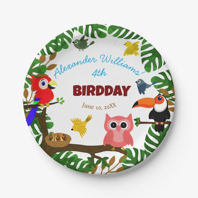 Cute Jungle Summer Birds Kid's Birthday Paper Plate (Front)