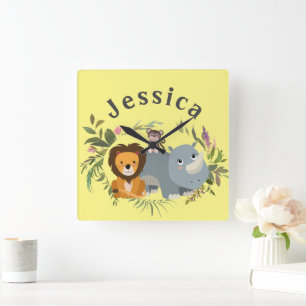 Cute Jungle Theme Animals Watercolor Square Wall Clock