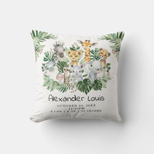 Cute Jungle Wild Safari Animals Greenery Baby Boy Throw Pillow (Front)