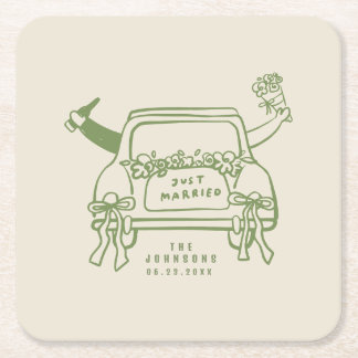 Cute Just Married Car Coquette Wedding Square Paper Coaster
