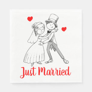 Cute Just Married Cartoon Bride Groom Red Wedding Napkin