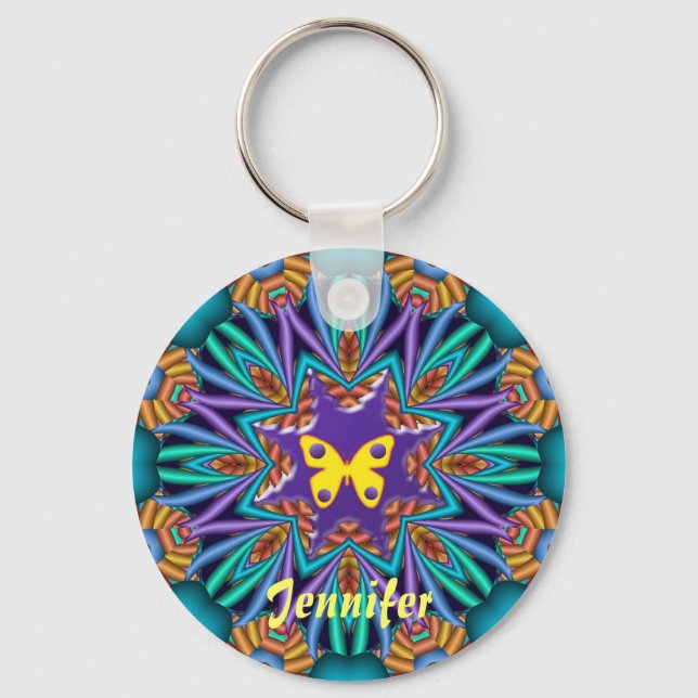 Cute kaleidoscope Ketchain with Name & Butterfly Keychain (Front)
