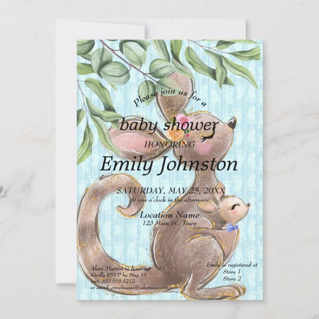 Cute Kangaroo and Joey Blue Baby Shower Invitation (Front)