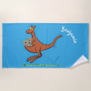 Cute kangaroo and koalas cartoon illustration beach towel
