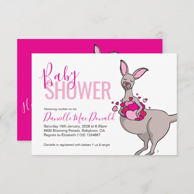 Cute kangaroo heart pouch baby shower invitations (Front/Back)