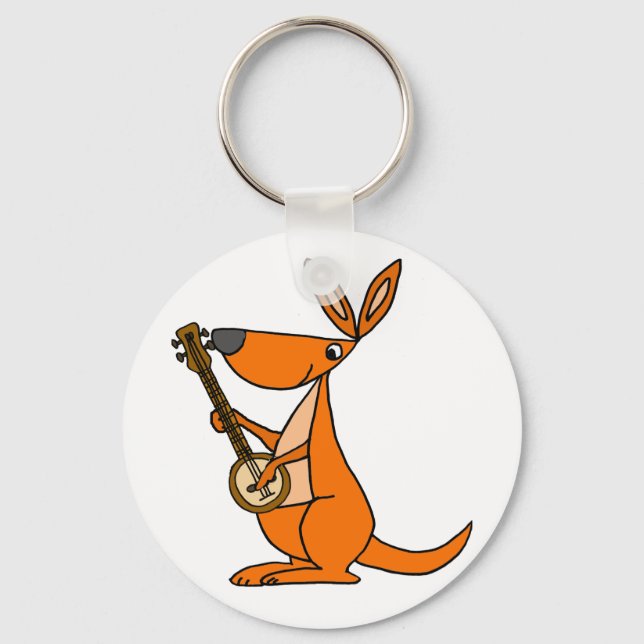 Cute Kangaroo Playing Banjo Cartoon Keychain (Front)