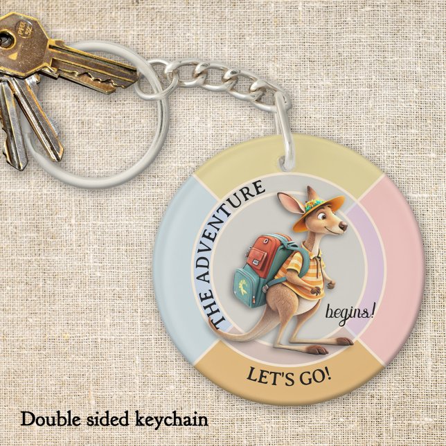 Cute Kangaroo Traveler The Adventure Begins Keychain (Cute cartoon kangaroo travel themed adventure kids back to school keychain)