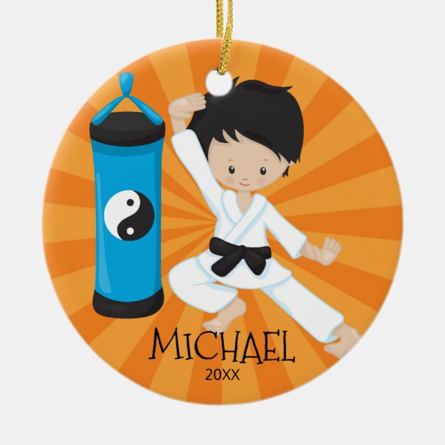Cute Karate Boy Personalized Christmas Ornament (Front)