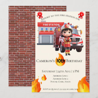 Cute Kawai Fire fighter Girl Theme Birthday Invitation