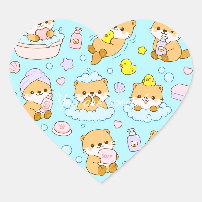 Cute Kawaii Animal Bath Time Pattern | Blue Pastel Heart Sticker (Front)