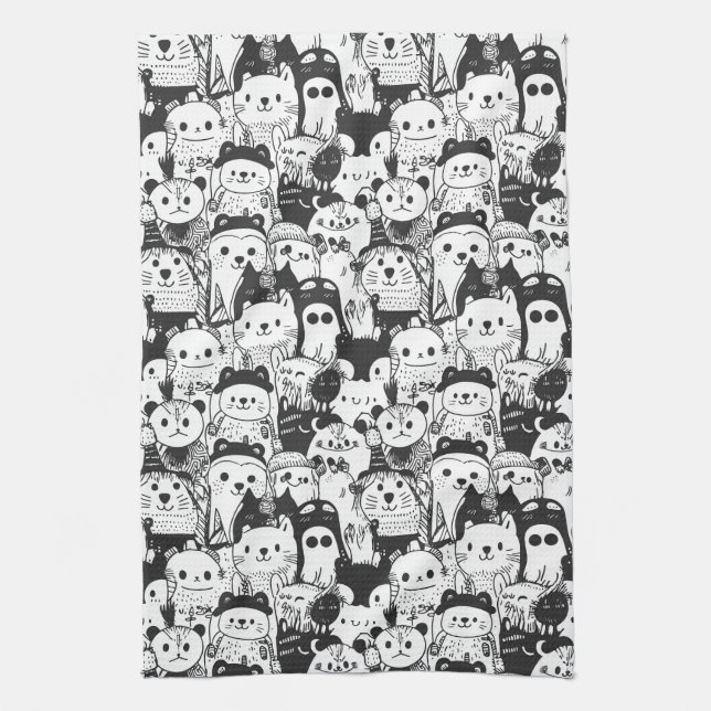 Cute Kawaii Animal Doodle Pattern (1) Kitchen Towel (Vertical)