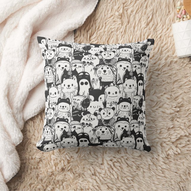 Cute Kawaii Animal Doodle Pattern (1) Throw Pillow (Blanket)