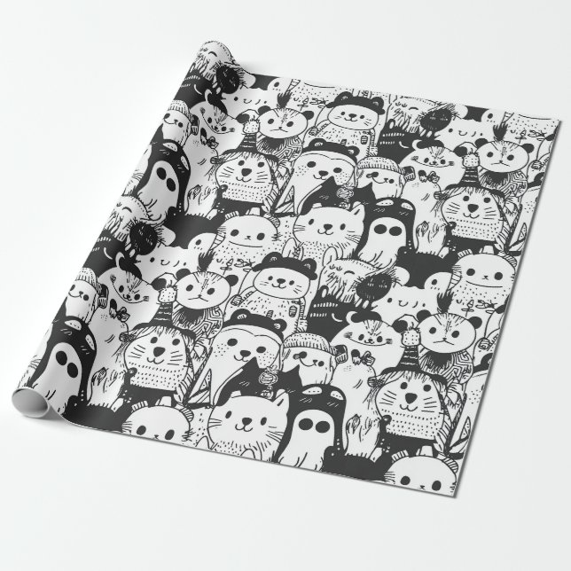 Cute Kawaii Animal Doodle Pattern (1) Wrapping Paper (Unrolled)