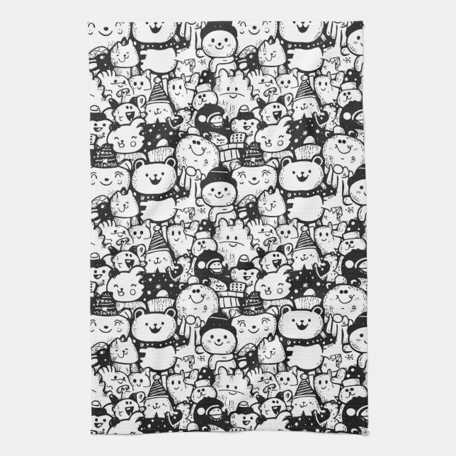 Cute Kawaii Animal Doodle Pattern (2) Kitchen Towel (Vertical)