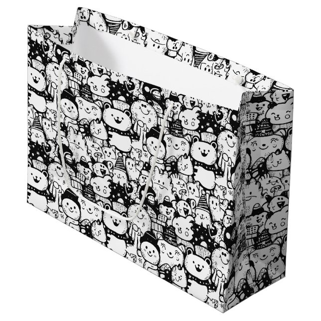 Cute Kawaii Animal Doodle Pattern (2) Large Gift Bag (Front Angled)