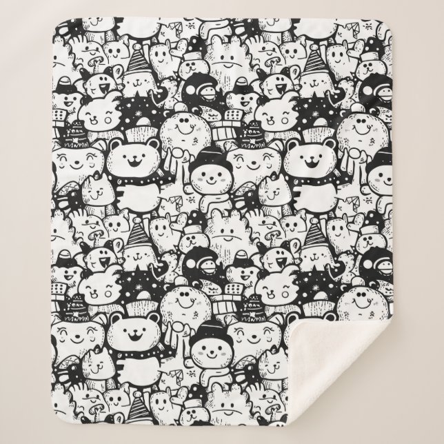 Cute Kawaii Animal Doodle Pattern (2) Sherpa Blanket (Front)