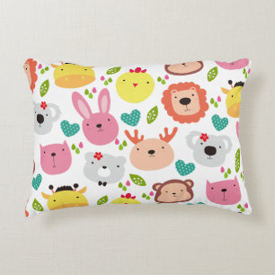 Cute Kawaii Animal Faces Pattern Kids Nursery Accent Pillow