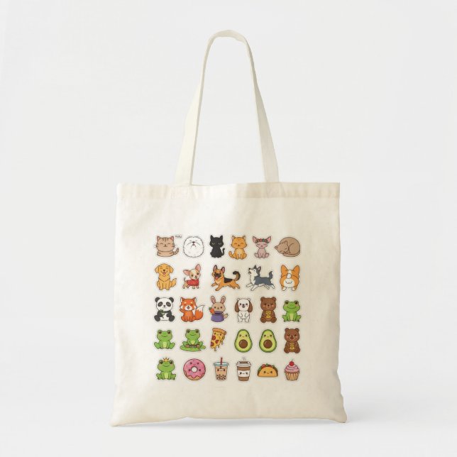 Cute Kawaii Animal Tote Bag – Cartoon Pets & Food  (Front)