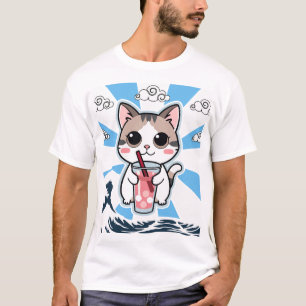 Cute Kawaii Anime Cat Bubble Tea Great Wave Art T-Shirt