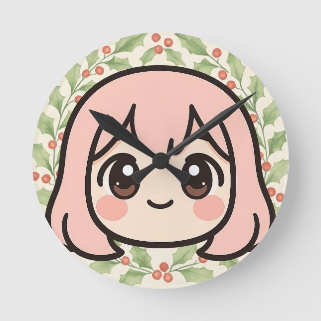 Cute Kawaii Anime Girl Wall Clock – Pastel Chibi C (Front)
