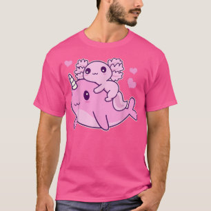 Cute Kawaii Aolotl And Narwhal  Anime Whale  T-Shirt